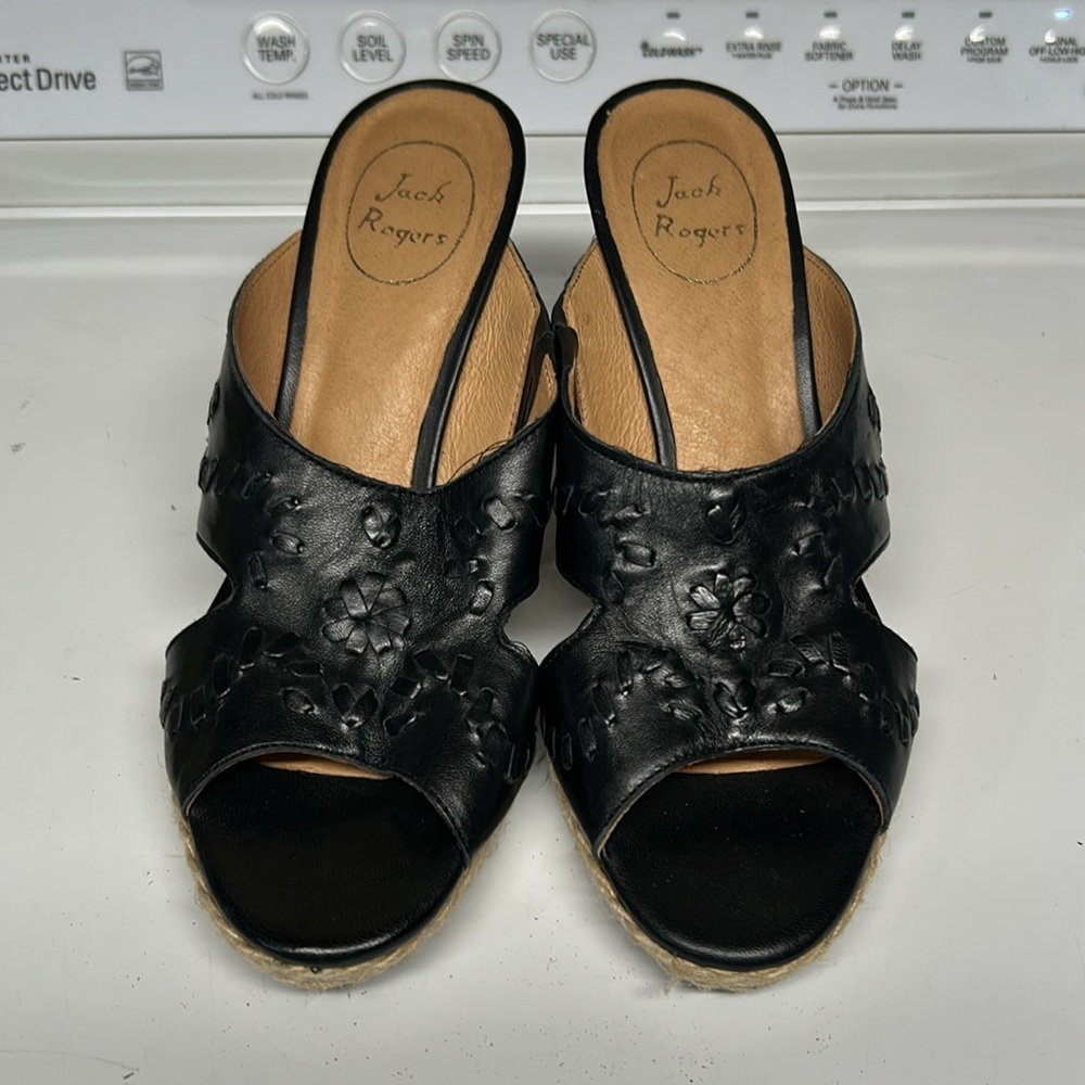 Jack Rogers Sophia Black Leather Straw Wedge Wooden Heel Size 8.5 Like N…